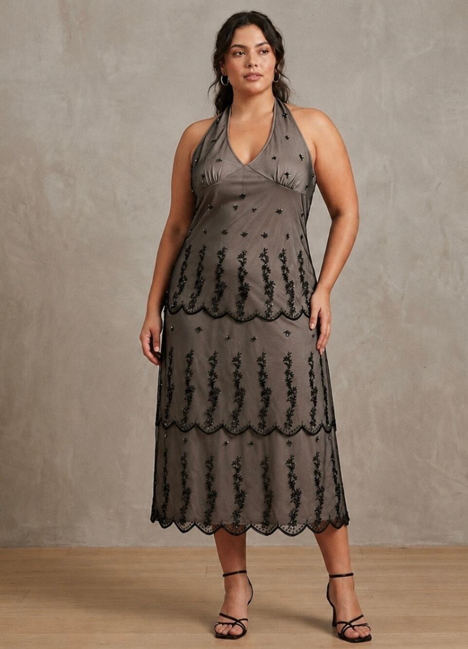 Vintage Newport News Whimsygoth Halter Dress Beaded Mesh Overlay Midi Womens 18